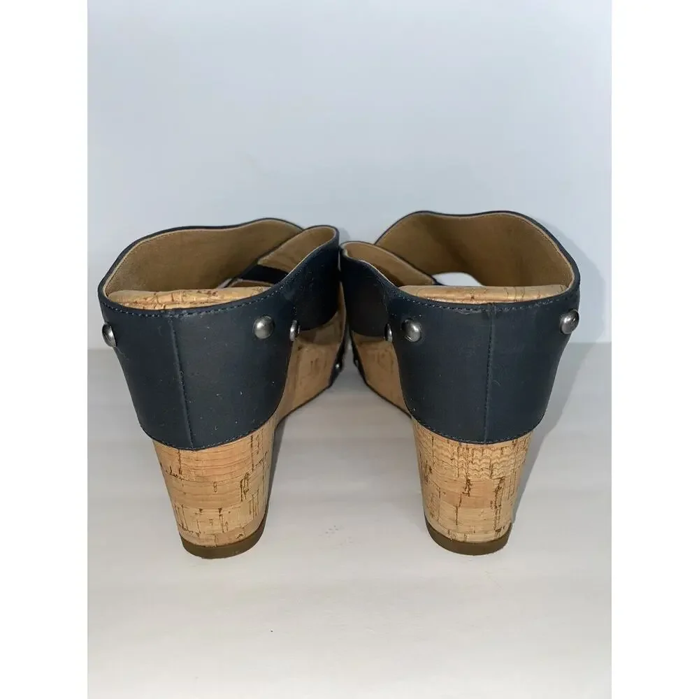 The Lucky Brand Sz 8.5 Dark Blue Strappy Nailhead Cork Wedge Sandal